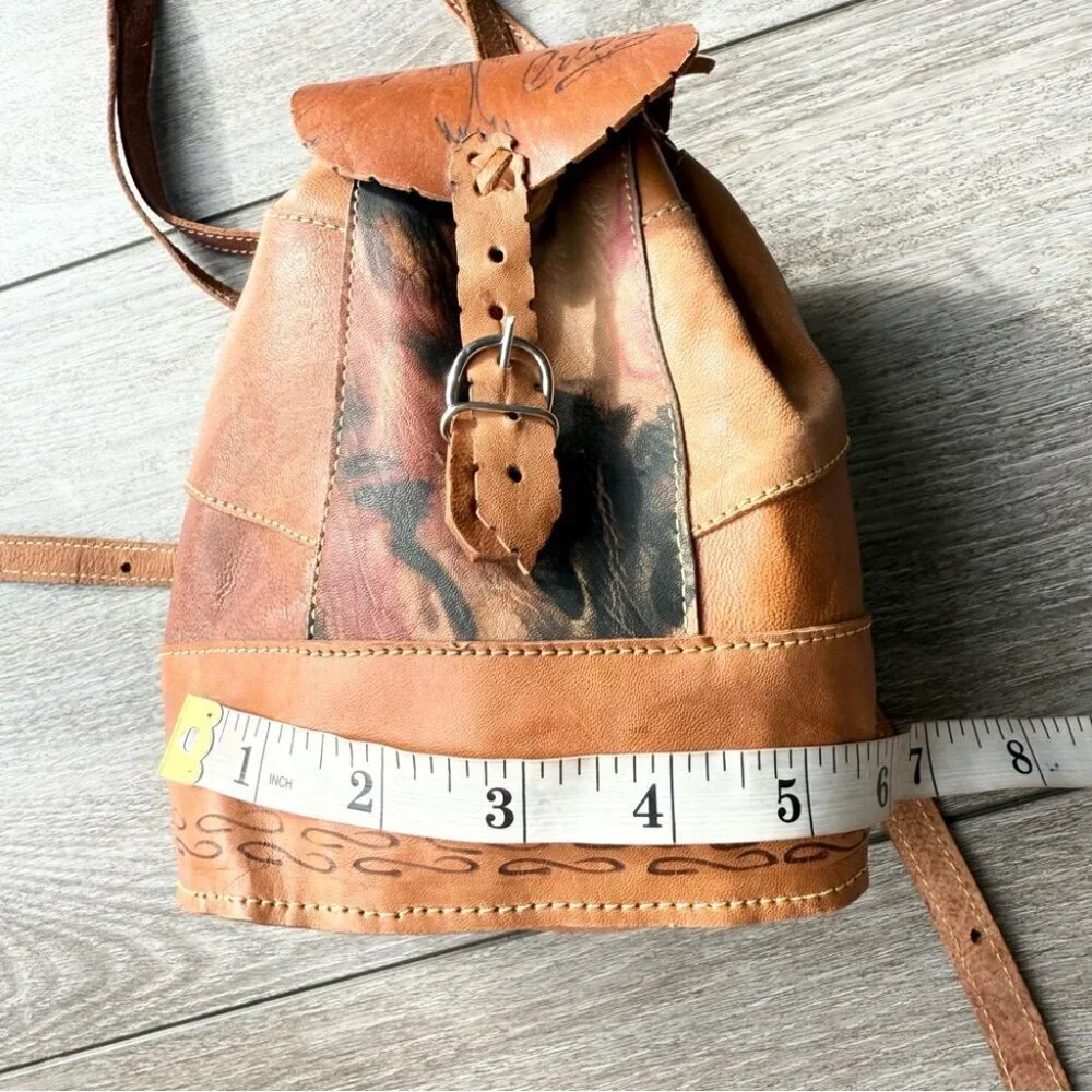 Cognac Tooled Brown Leather Backpack Brown Leather